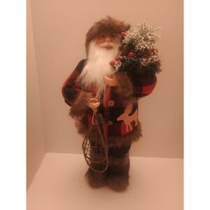 18" RusticVintage Woodland Santa Claus Plaid Coat Fur Holding Pine & Snowshoes